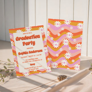 Convite Retro Pink Groovy Daisy Floral Graduation Party 