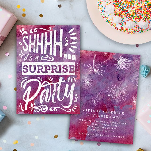 Convite Retro Pink Purple Shh Surprise Birthday Party (Criador carregado)