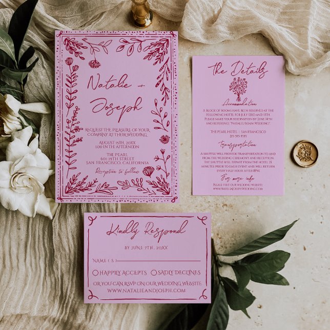 Convite Retro Pink Raspberry Drawn Floral Garden Wedding (Criador carregado)