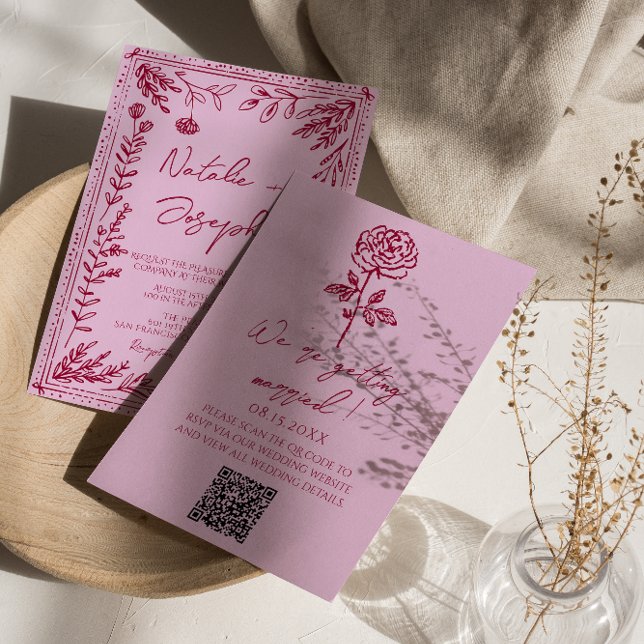 Convite Retro Pink Raspberry QR Code Drawn Floral Wedding (Criador carregado)