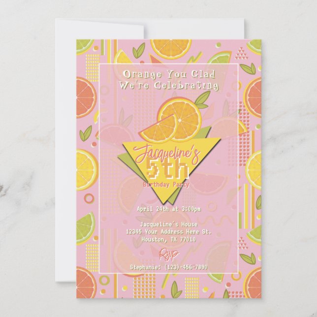 Convite Retro Pink Summer Citrus Fruit Birthday (Frente)