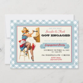Convite Retro Pinup Telefone Gingham Vintage Azul Vermelho