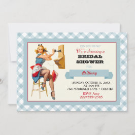 Convite Retro Pinup Telefone Gingham Vintage Blue Red