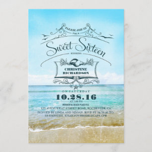 Convite Retro Praia Ombre Mar Azul Doce Dezesseis