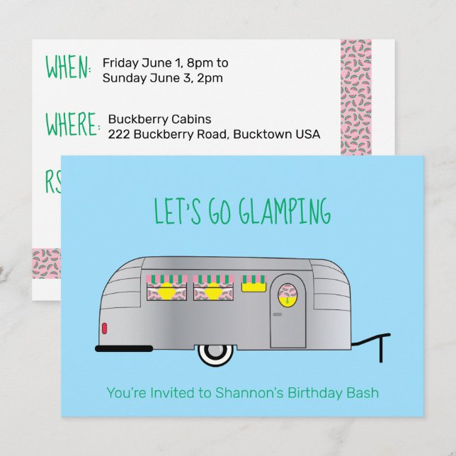 Convite Retrô Prateado Camper Glamping Aerodinâmico (Frente/Verso)