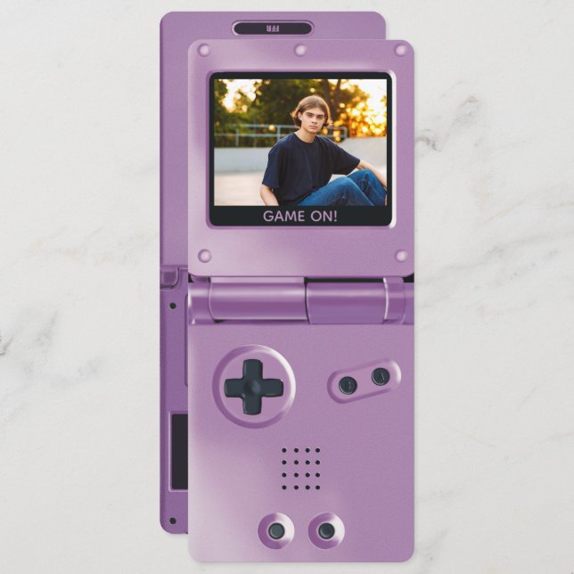 Convite Retro Purple Handheld Gaming II Birthday (Frente/Verso)