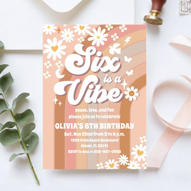 Convite Retro Rainbow 6th Birthday Invitation (Criador carregado)