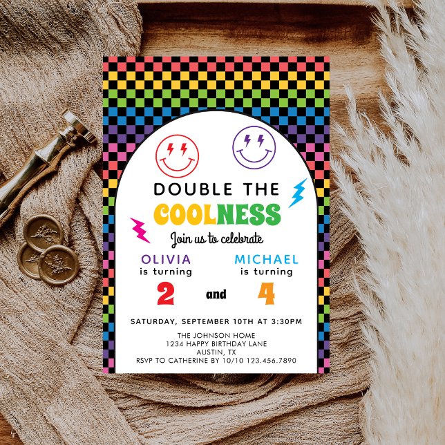 Convite Retro Rainbow Double Celebration Joint Birthday (Criador carregado)