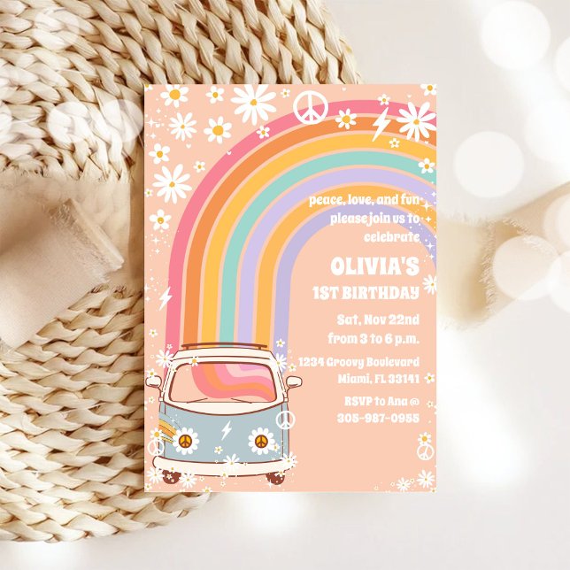 Convite Retro Rainbow First Birthday Invitation (Criador carregado)
