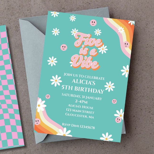 Convite Retro Rainbow FIVE é um 5 Vibe Groovy Aniversário (Criador carregado)