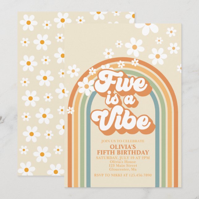 Convite Retro Rainbow FIVE é um Vibes Groovy 5º Aniversári (Frente/Verso)