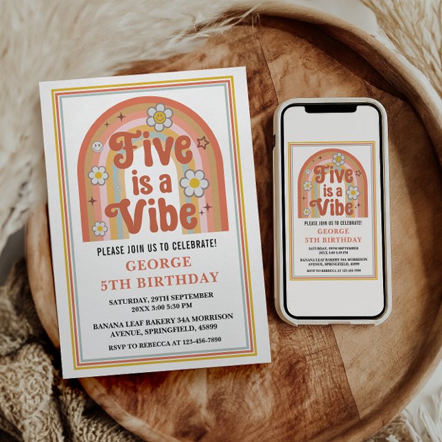 Convite Retro Rainbow FIVE is a Vibe Groovy 5th Birthday (Criador carregado)