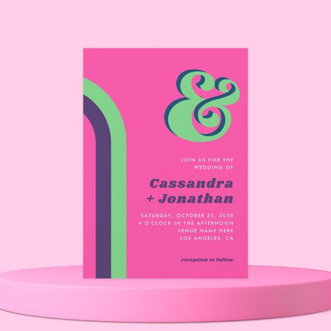 Convite Retro Rainbow Groovy Ampersand Bright Pink Casamen (Criador carregado)