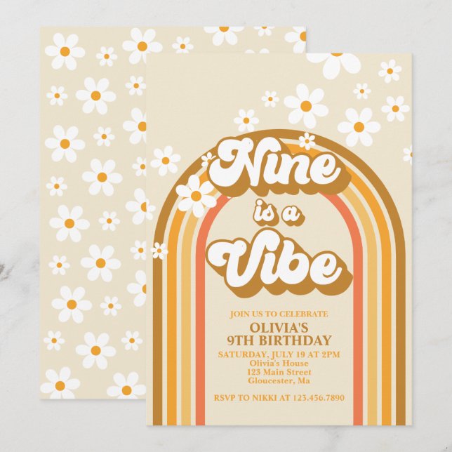 Convite Retro Rainbow Nine é uma Vibe Groovy 9º Aniversári (Frente/Verso)