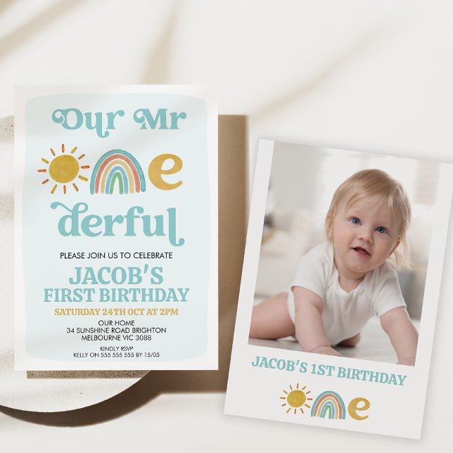 Convite Retro Rainbow Nosso primeiro aniversario Maravilho (Sun and rainbow our mr onderful 1st birthday invitation, mr onderful first birthday invite, retro)