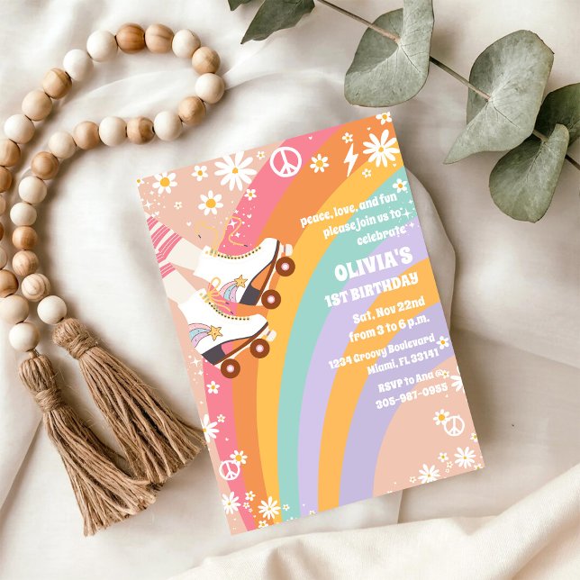 Convite Retro Rainbow Roller Skating Birthday (Criador carregado)