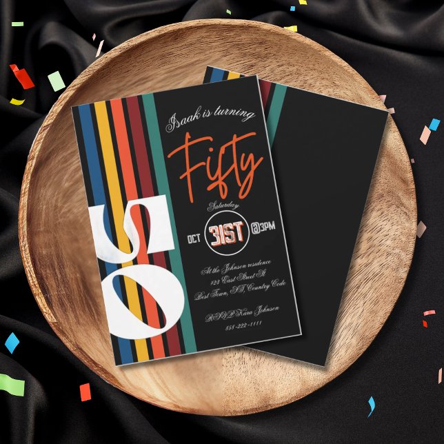 Convite Retro Rainbow Striped “Fifty” Birthday Invitation (Criador carregado)