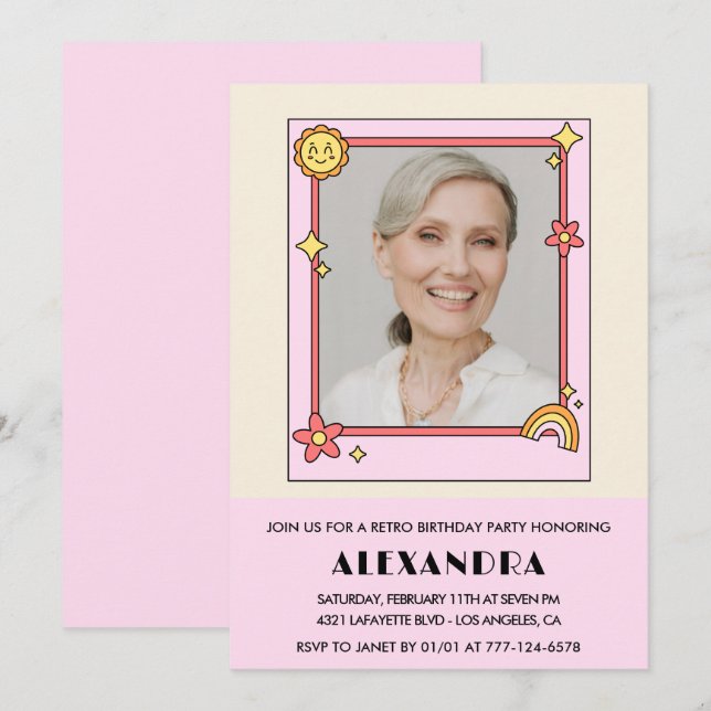 Convite Retro Rainbow Sun Foto Rosa 72° aniversário (Frente/Verso)