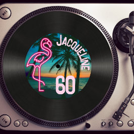 Convite Retro Record Tropical Neon Flamingo 60th Birthday