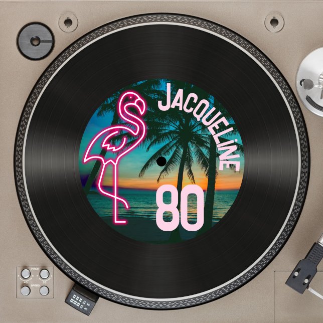 Convite Retro Record Tropical Neon Flamingo 80 Birthday (Criador carregado)