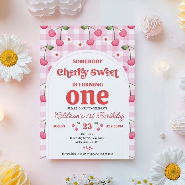 Convite Retro Red Alguém Cherry Sweet Birthday (Modern Cherry Sweet Birthday Invitation Template, Retro Arch Cherry Birthday Invitation for Girl)