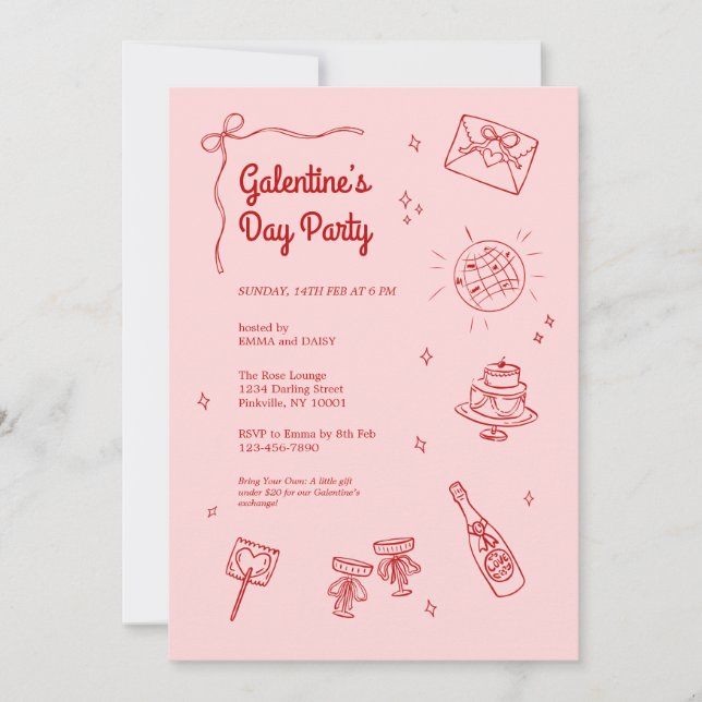 Convite Retro Red and Pink Galentines Party Invitation (Frente)