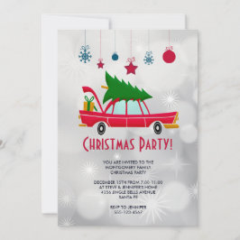 Convite Retro Red Car Carregando Festa de Árvore de Natal