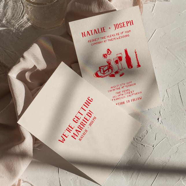 Convite Retro Red Hand Drawn Scribble Quirky Chic Wedky (Criador carregado)