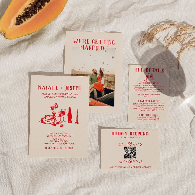 Convite Retro Red Hand Drawn Scribble Quirky Wedky (Criador carregado)