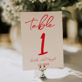 Convite Retro Red Hand Written Wedding Table Number