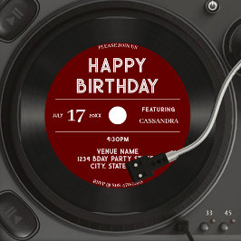 Convite Retro Red Vinyl Record Black Happy Birday