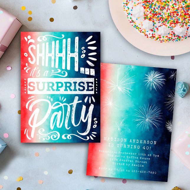 Convite Retro Red White Blue Shh Surprise Birthday Party (Criador carregado)