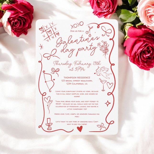 Convite Retro Red White Quirky Galentine's Day Party (Retro Red white Quirky Galentine's Day Party Invitation)