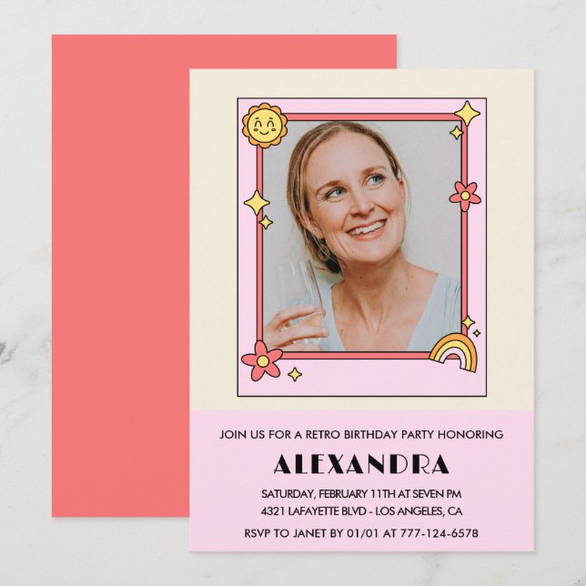 Convite Retro rosa 70s Groovy Photo 61rua aniversário (Frente/Verso)