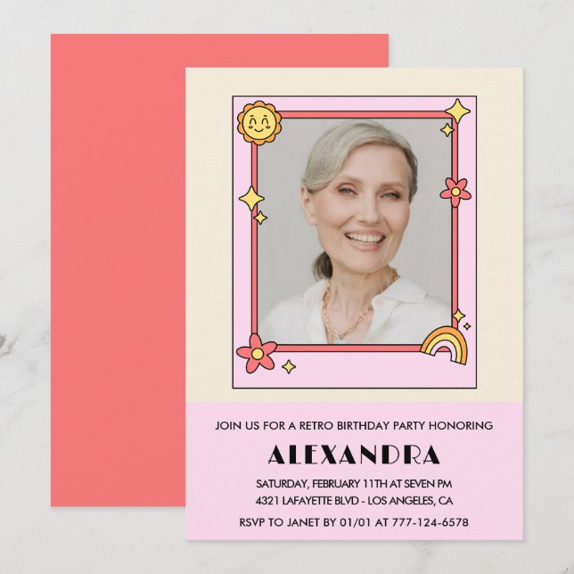 Convite Retro rosa 70s Groovy Photo 84.º aniversário (Frente/Verso)