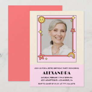 Convite Retro rosa 70s Groovy Photo 84.º aniversário