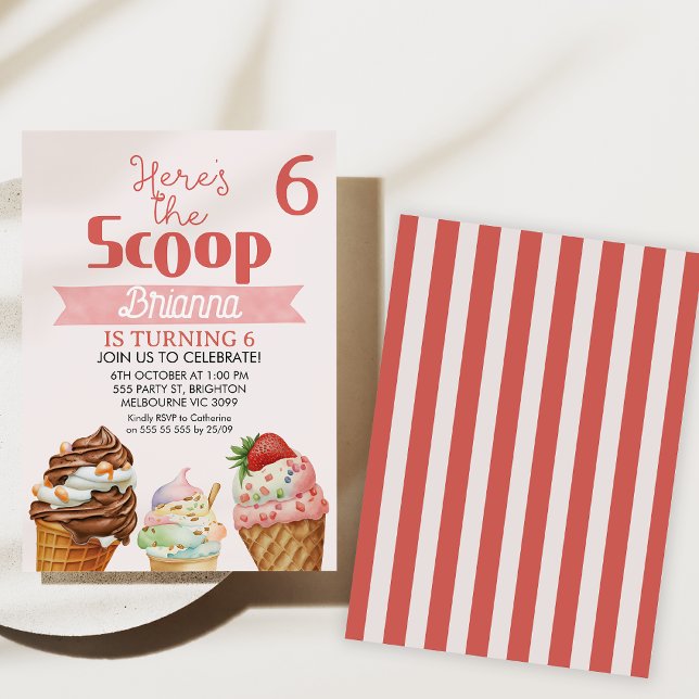 Convite Retro Rosa Aqui está o Aniversário do Gelado-Cola (Here's the scoop ice cream birthday invitation, Ice-cream birthday invite, Girls summer birthday)
