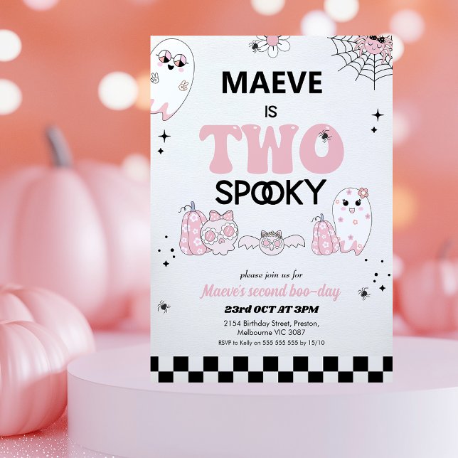 Convite Retro Rosa Halloween Dois segundo aniversário Spoo (Two Spooky Birthday Invitation, Halloween 2nd Birthday Invitation Girl, Halloween Second Birthday )