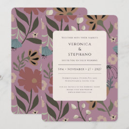 Convite Retro roxo, verde, floral castanho, casamento