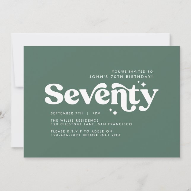 Convite Retro sábio verde, 70-aniversário mínimo moderno (Frente)