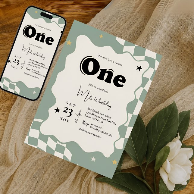 Convite Retro Sage Green Checkered Groovy One 1st Birthday (Criador carregado)
