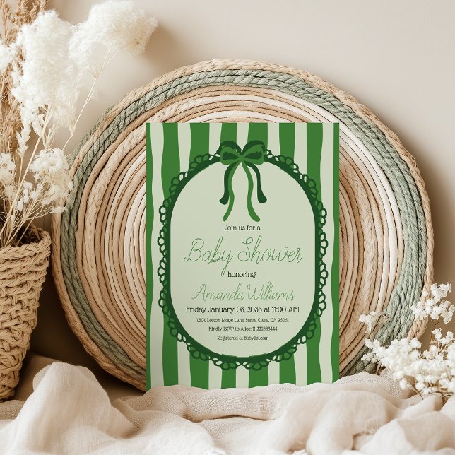 Convite Retro Sage Green Stripes Bow Baby Shower (Criador carregado)