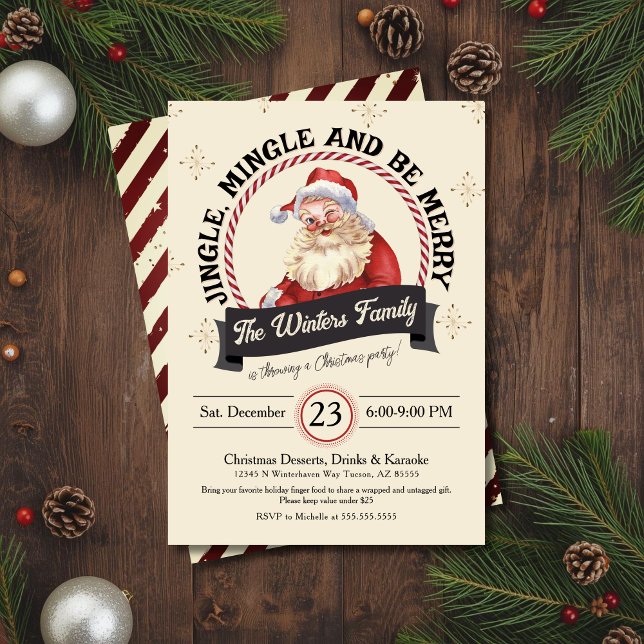 Convite Retro Santa Jingle Mingle Be Merry Christmas Party (Ultra retro vintage Santa Claus Jingle Mingle and Be Merry Christmas party invitation printed)