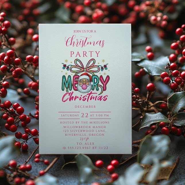 Convite Retro Santa Merry Christmas Coquette Bow (Criador carregado)