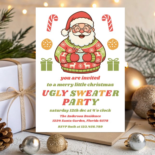 Convite Retro Santa Ugly Sweater Party Editable (Criador carregado)