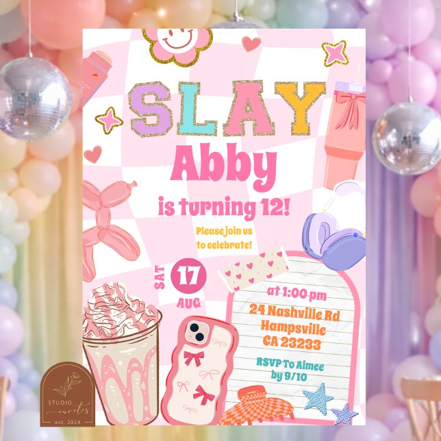 Convite Retro Slay Aesthetic Tween Patch Party Birthday (Criador carregado)