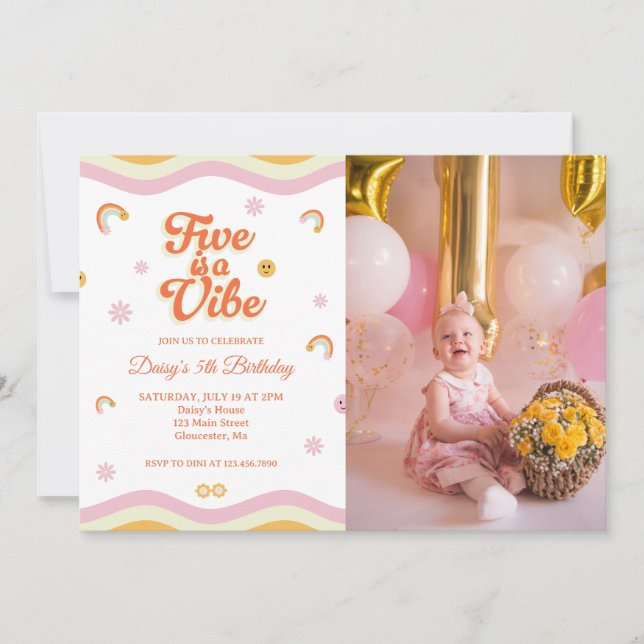 Convite Retro Sorri Cinco é uma foto de aniversário de 5 V (Frente)