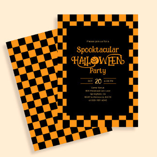Convite Retro Spooktacular Halloween Checkered Orange