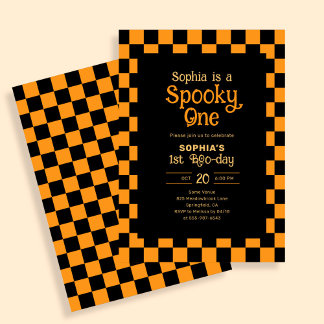 Convite Retro Spooky One Checkered Orange 1st Birthday