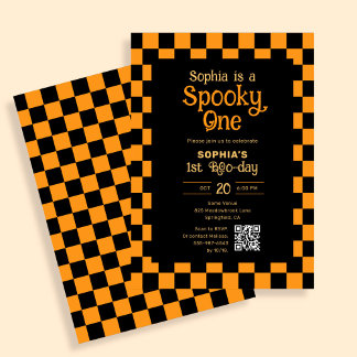 Convite Retro Spooky One Checkered Orange 1st Birthday
